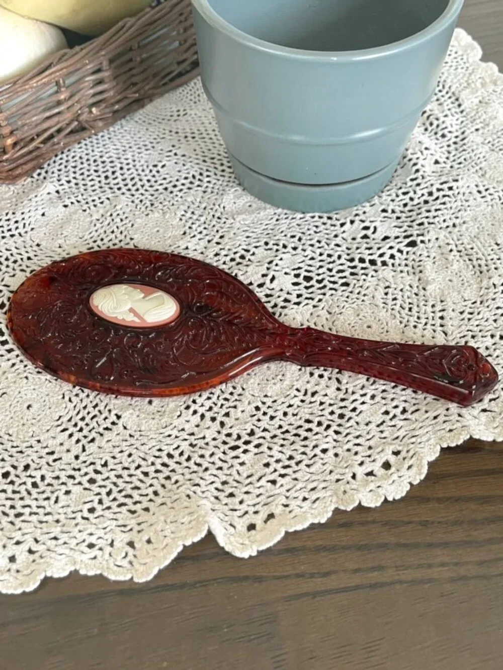 Vintage 70’s Cameo Amber Lucite Hand Mirror Ornate Handle Vanity